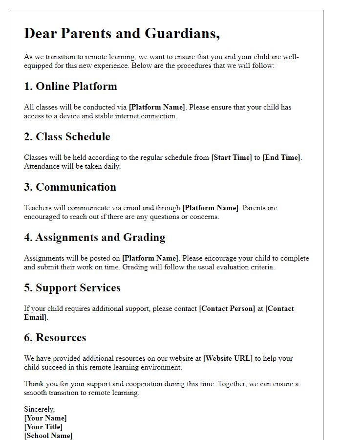 Letter template of remote learning procedures for parents.