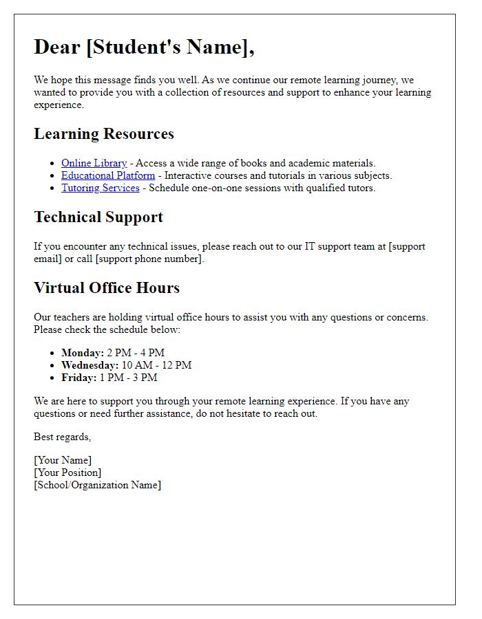 Letter template of remote learning resources and support.