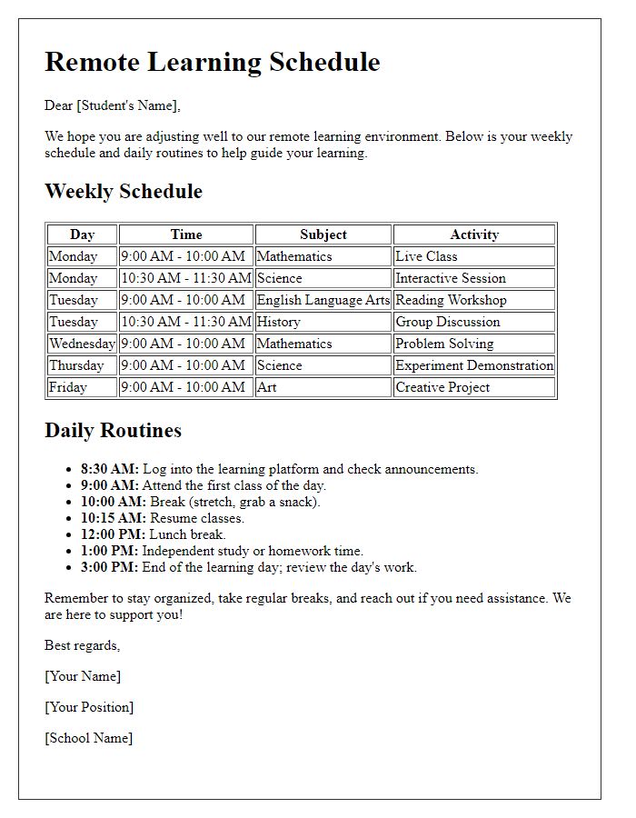 Letter template of remote learning schedule and routines.