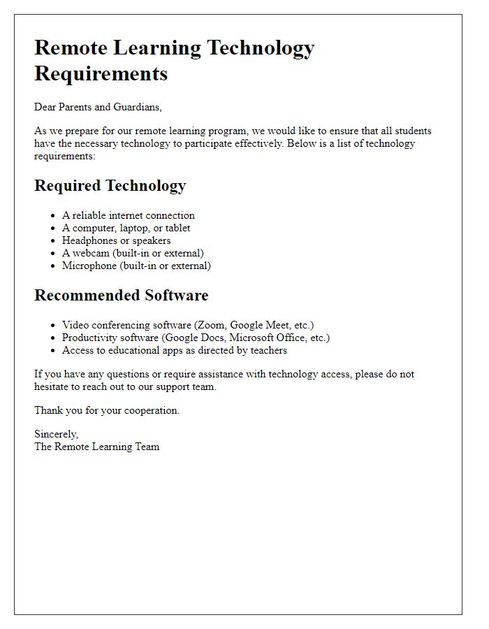 Letter template of remote learning technology requirements.