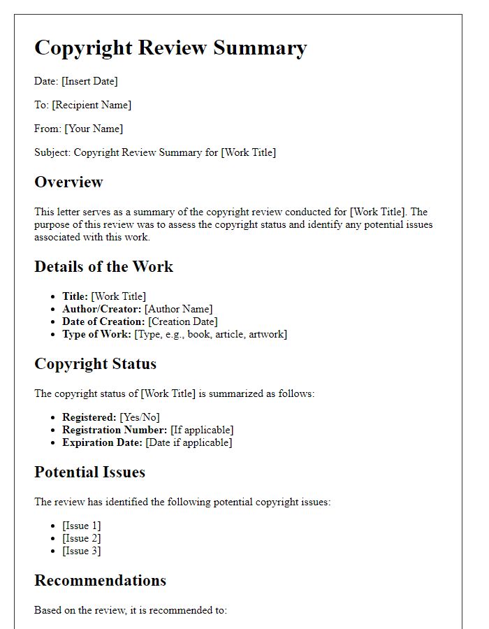 Letter template of copyright review summary