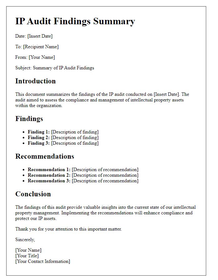 Letter template of IP audit findings summary