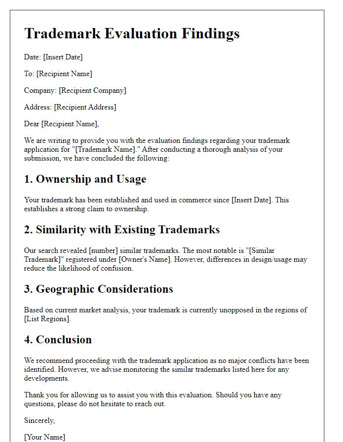 Letter template of trademark evaluation findings