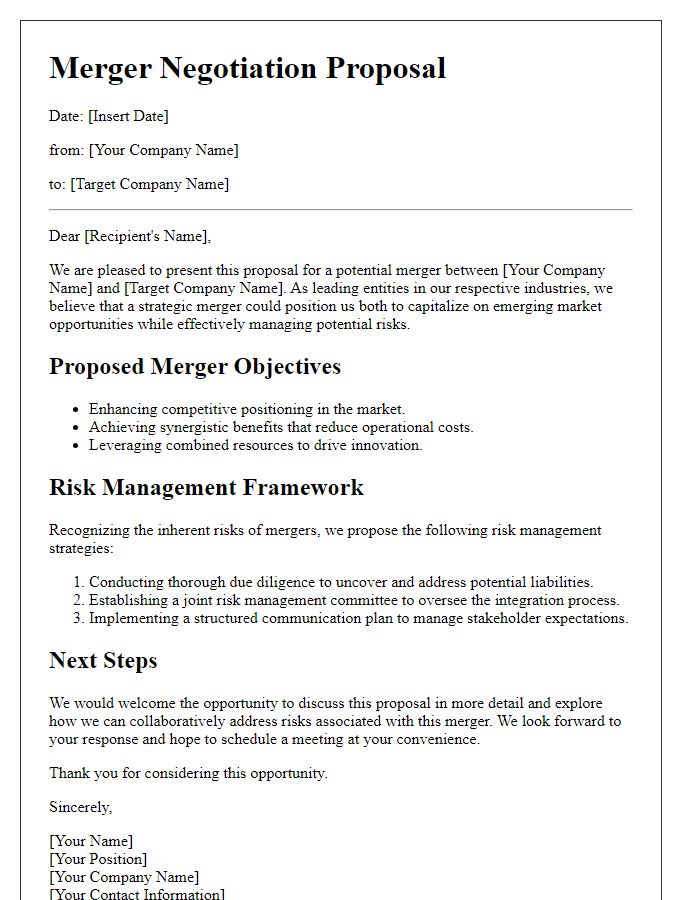 Letter template of corporate merger negotiation proposal emphasizing risk management.