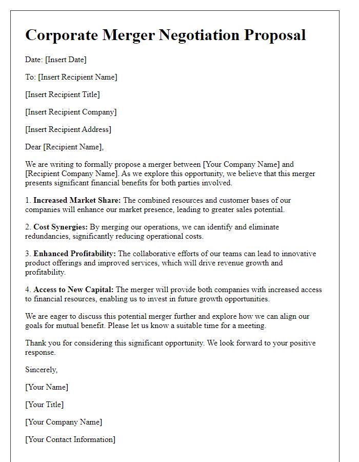 Letter template of corporate merger negotiation proposal focused on financial benefits.