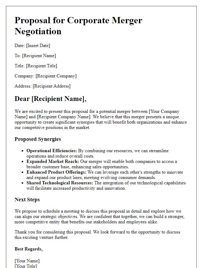 Letter template of corporate merger negotiation proposal highlighting synergies.