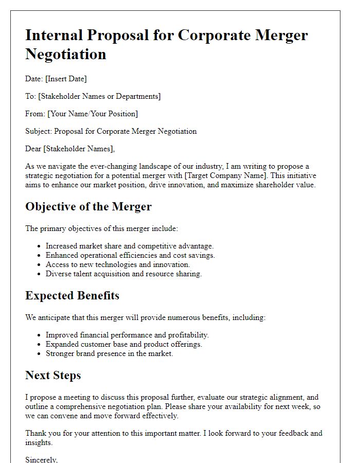 Letter template of corporate merger negotiation proposal to internal stakeholders.