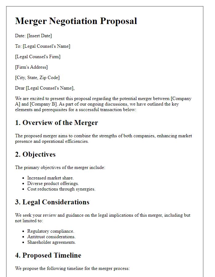 Letter template of corporate merger negotiation proposal for legal counsel review.