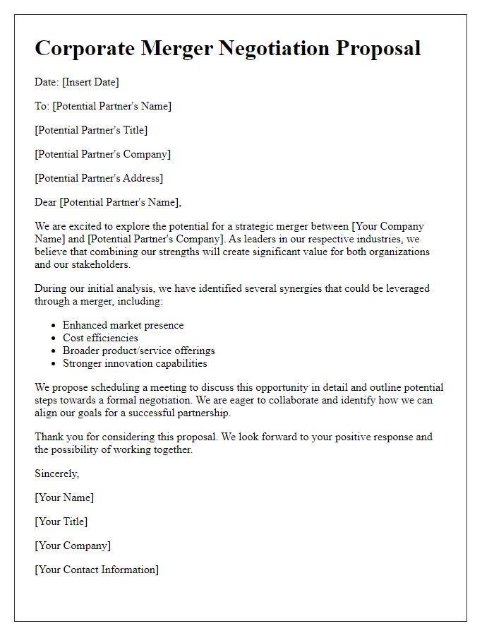 Letter template of corporate merger negotiation proposal for potential partners.