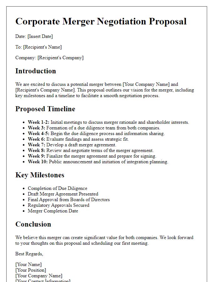 Letter template of corporate merger negotiation proposal with timeline and milestones.