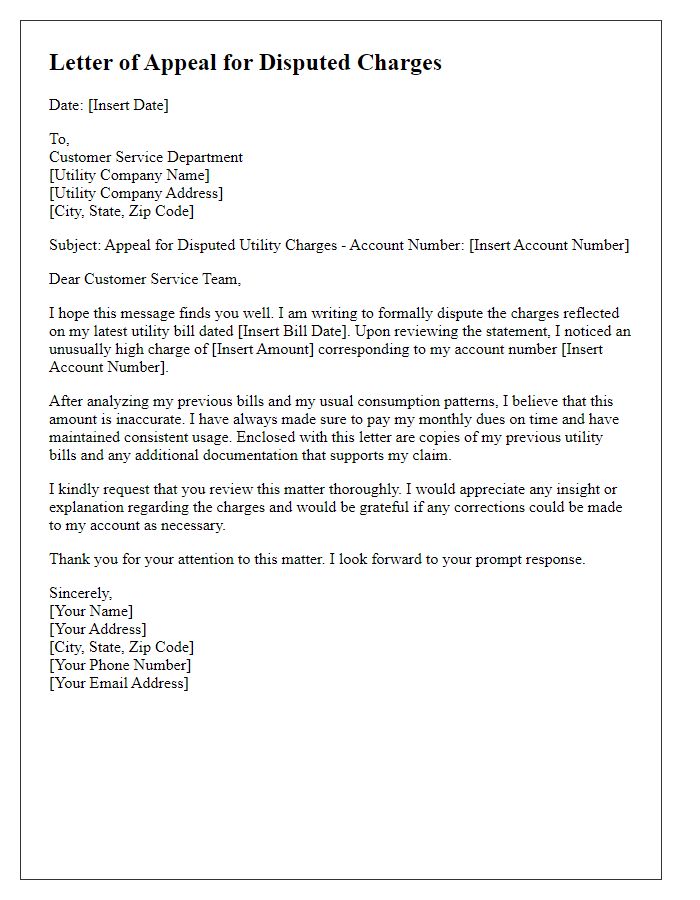 Letter template of disputed charges appeal for utilities.