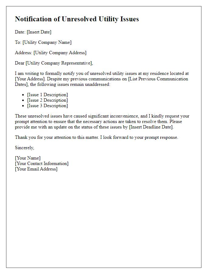 Letter template of notification for unresolved utility issues.