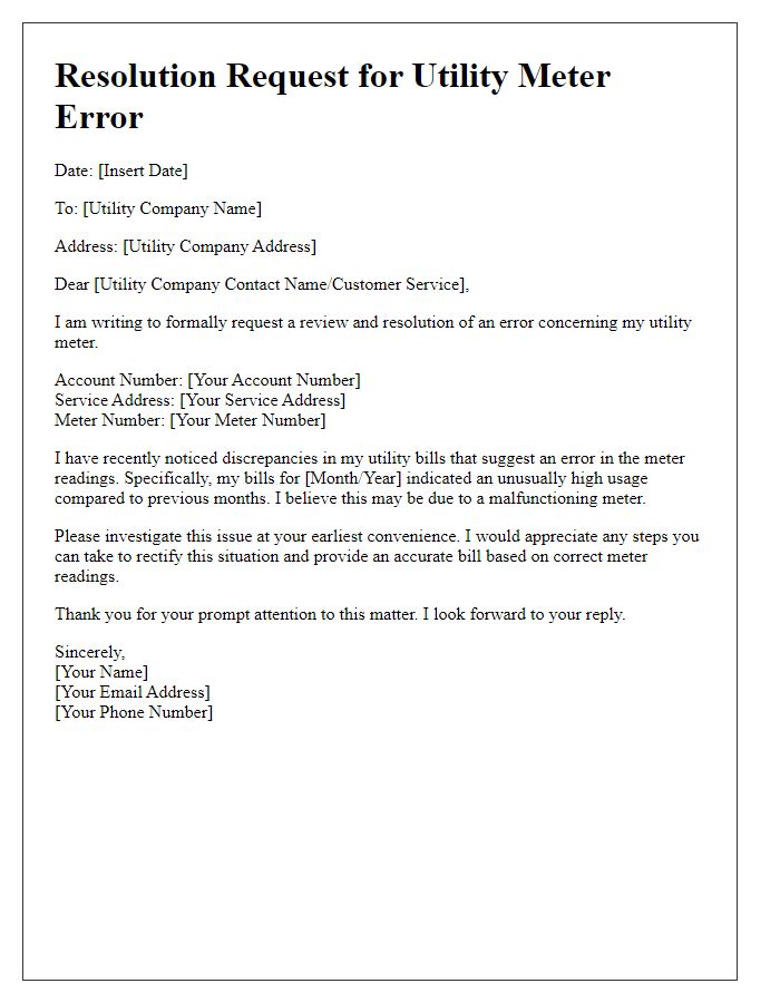 Letter template of resolution request for utility meter error.