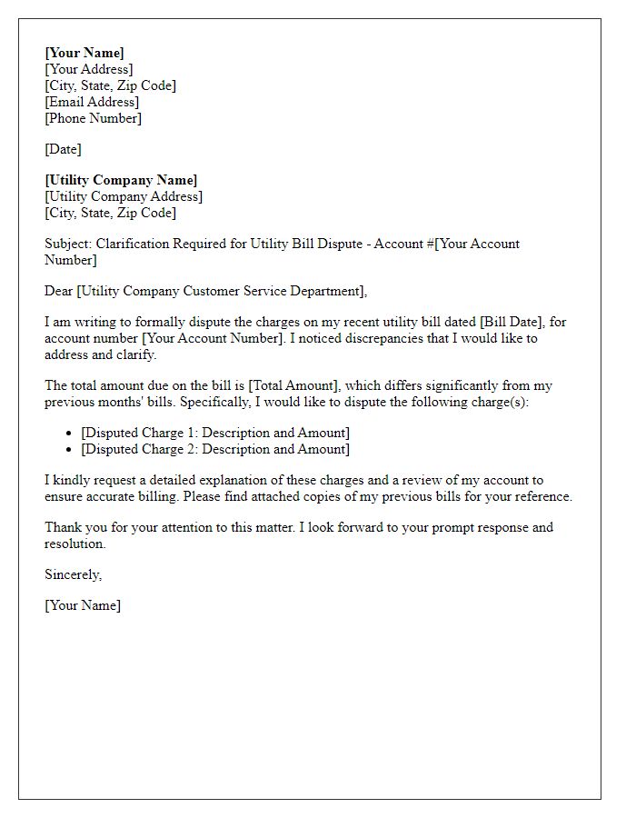 Letter template of utility bill dispute clarification.