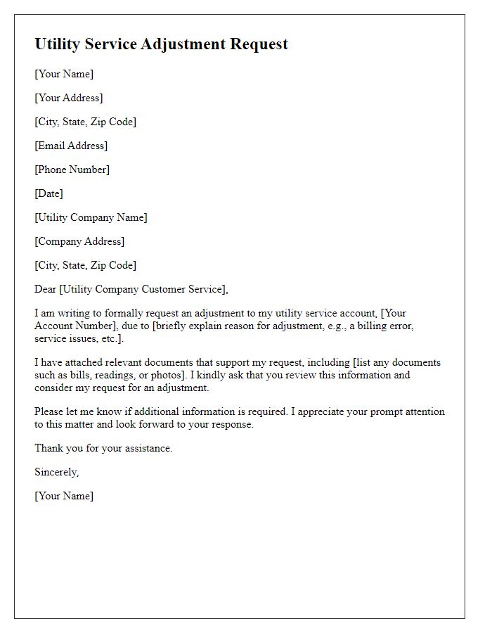 Letter template of utility service adjustment request.