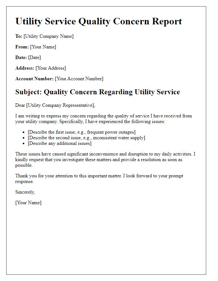 Letter template of utility service quality concern report.