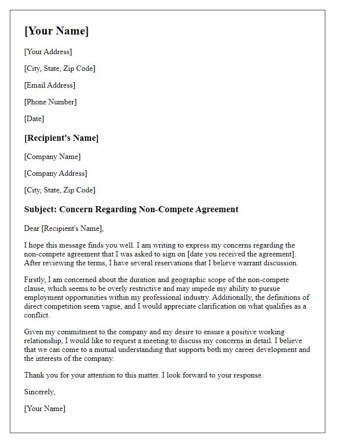 Letter template of Concern Regarding Non-Compete Agreement