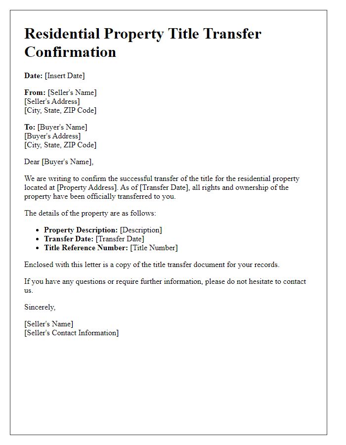 Letter template of residential property title transfer confirmation