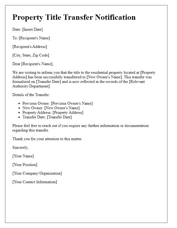 Letter template of residential property title transfer notification