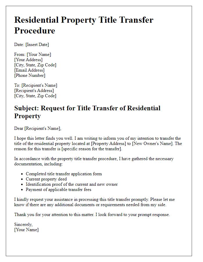 Letter template of residential property title transfer procedure