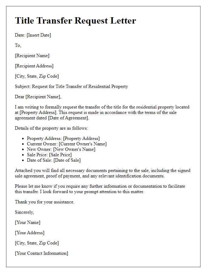 Letter template of residential property title transfer request