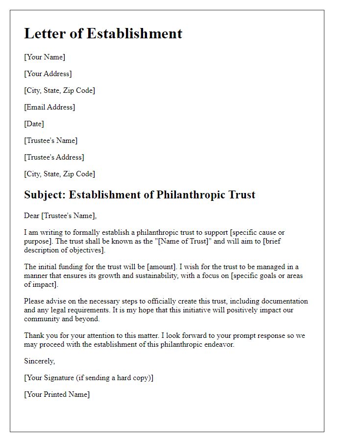 Letter template of establishing a philanthropic trust