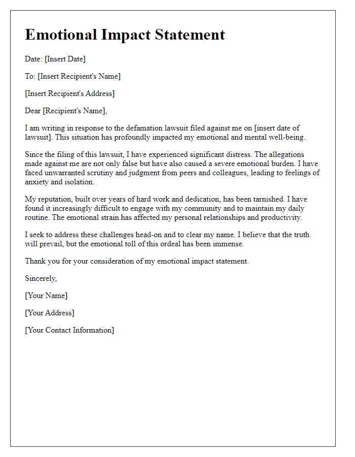 Letter template of response to defamation lawsuit - emotional impact statement