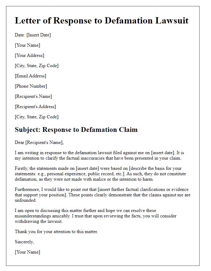 Letter template of response to defamation lawsuit - factual clarification