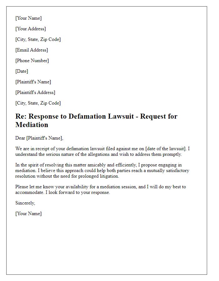 Letter template of response to defamation lawsuit - mediation request