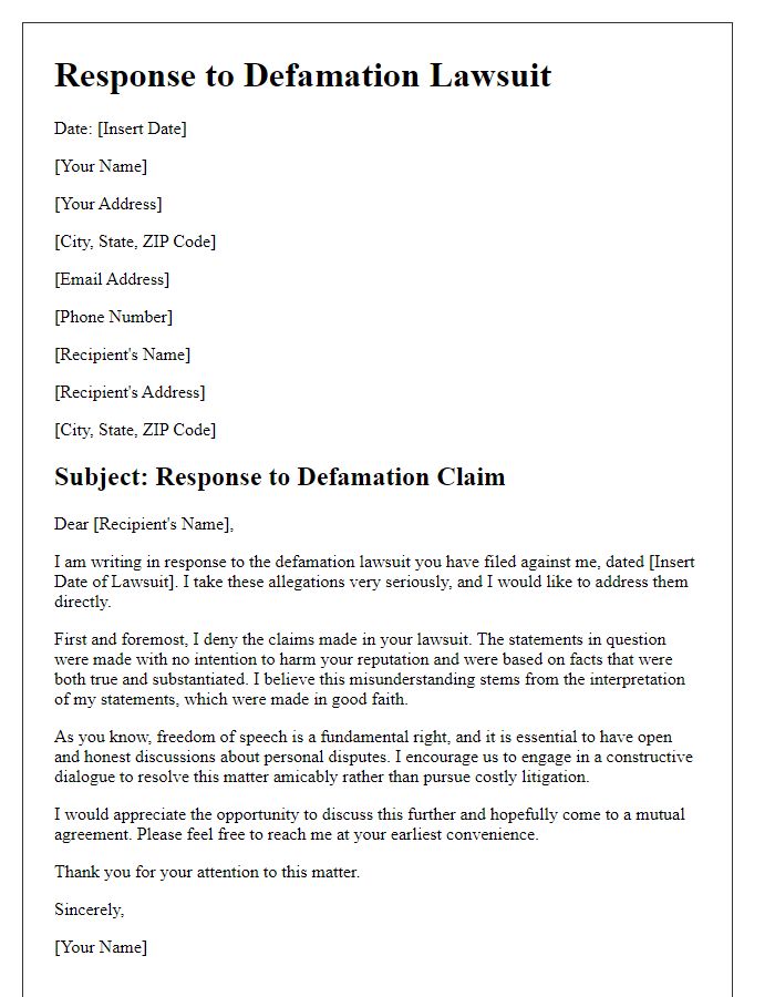 Letter template of response to defamation lawsuit - personal dispute