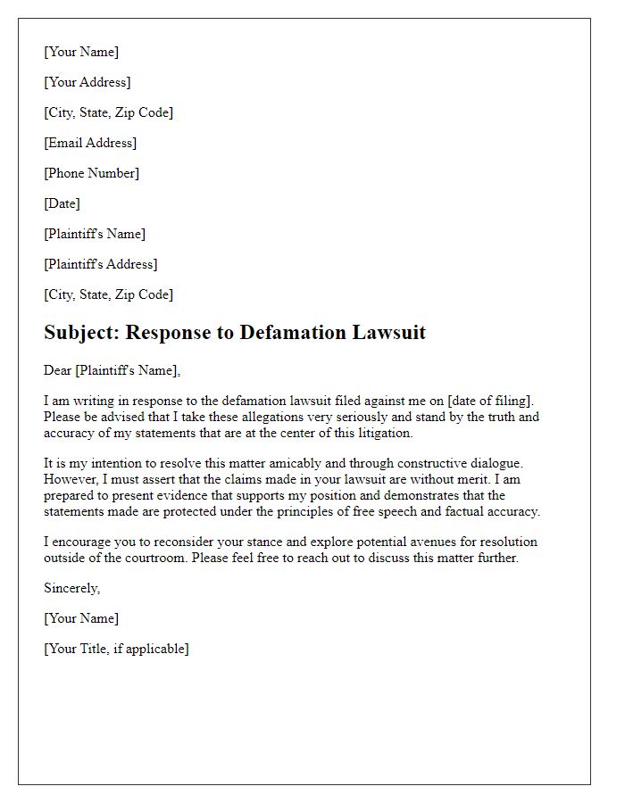 Letter template of response to defamation lawsuit - professional tone