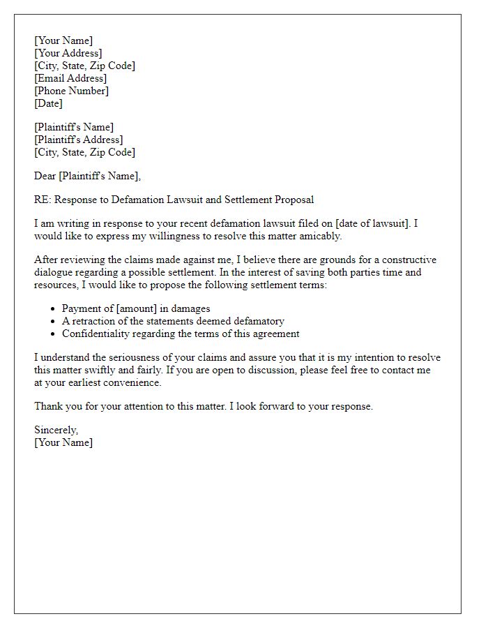 Letter template of response to defamation lawsuit - settlement proposal