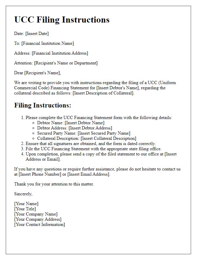 Letter template of UCC filing instructions for financial institutions