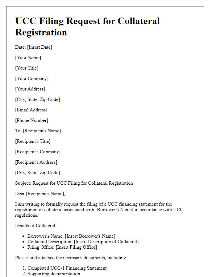 Letter template of UCC filing request for collateral registration