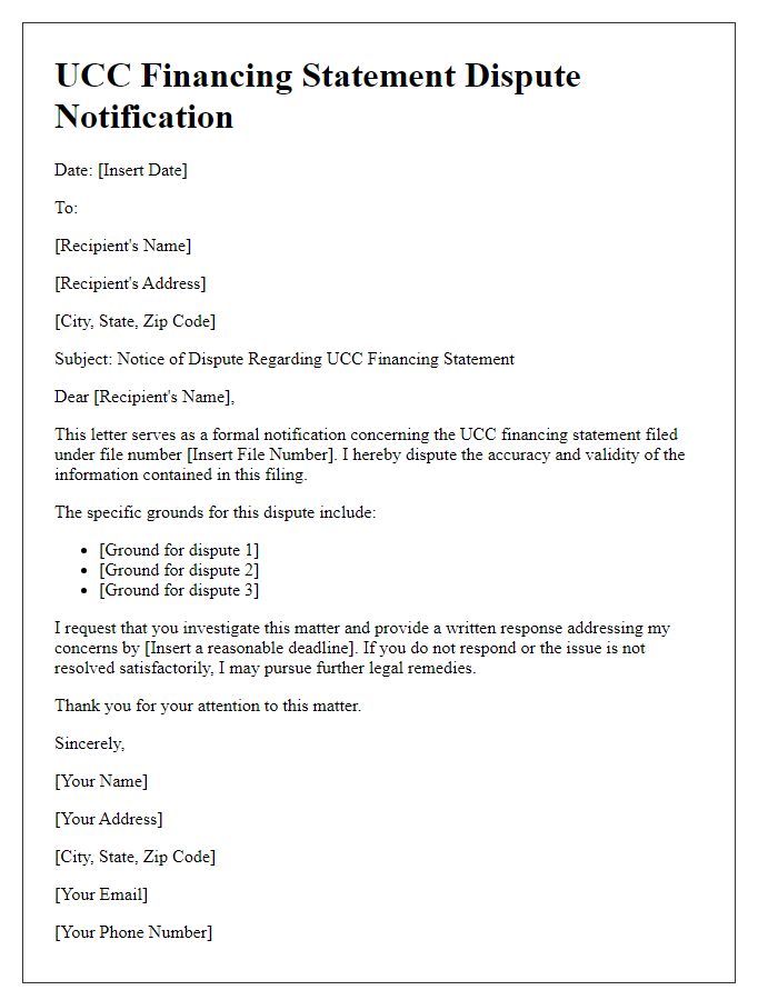 Letter template of UCC financing statement dispute notification