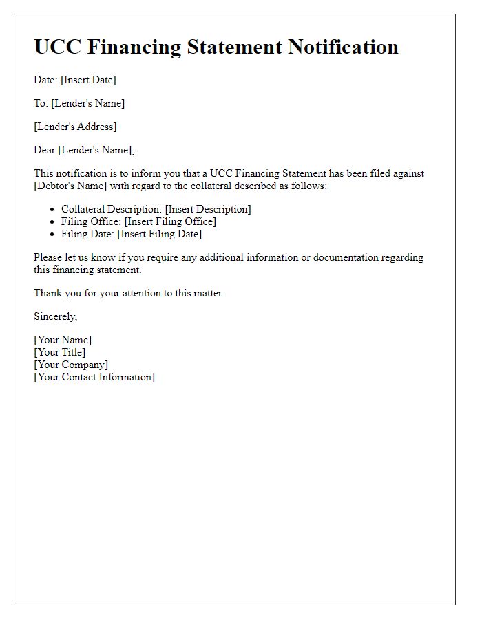 Letter template of UCC financing statement notification for lenders