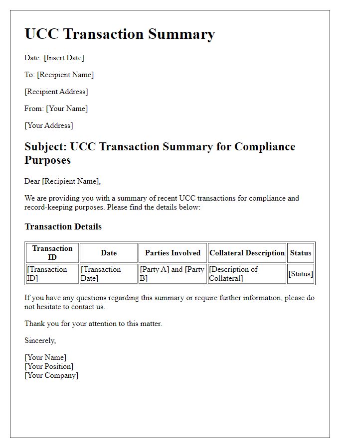 Letter template of UCC transaction summary for compliance purposes