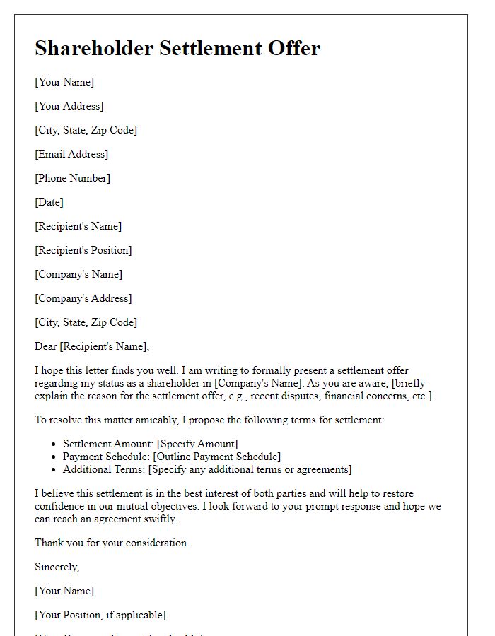 Letter template of Shareholder Settlement Offer