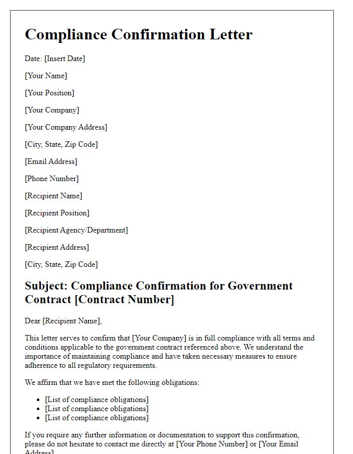 Letter template of compliance confirmation for government contracts