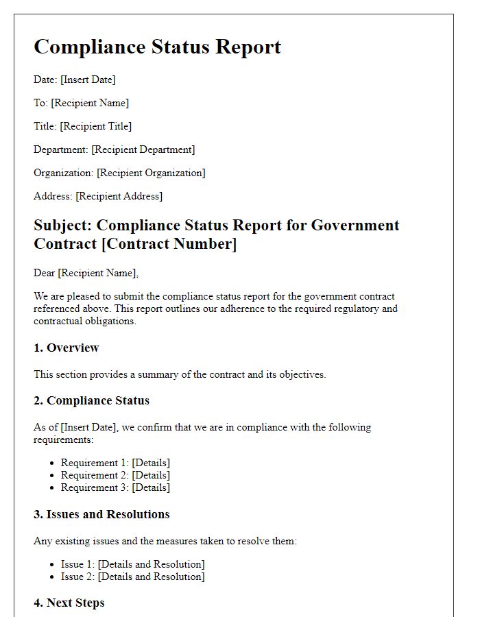 Letter template of compliance status report for government contracts