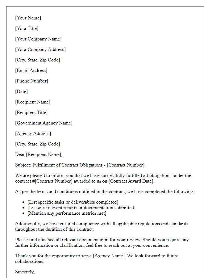 Letter template of fulfillment of government contract obligations