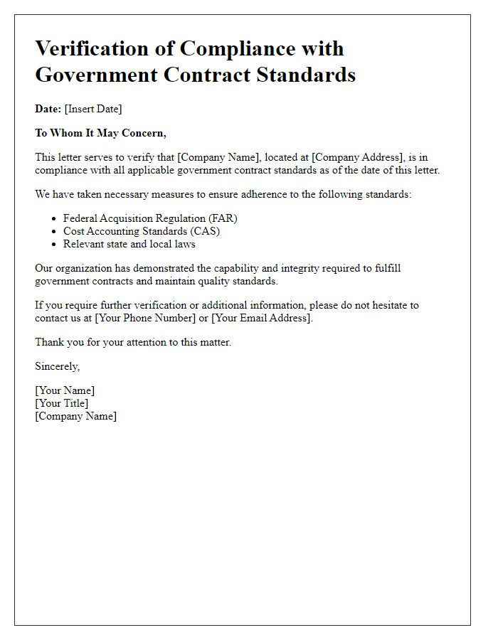 Letter template of verification for government contract standards