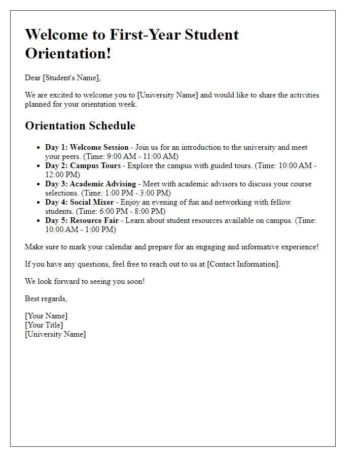 Letter template of activities planned for first-year student orientation