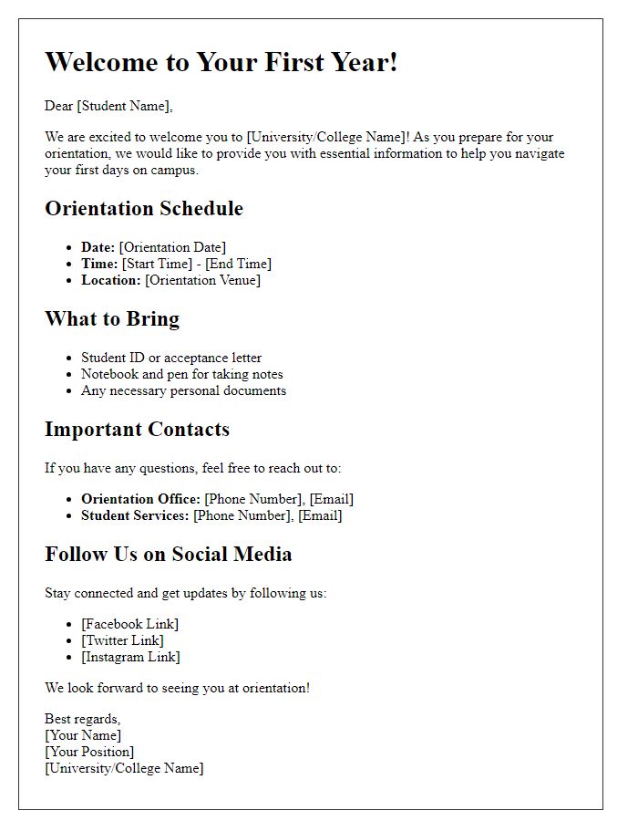 Letter template of essential information for first-year student orientation