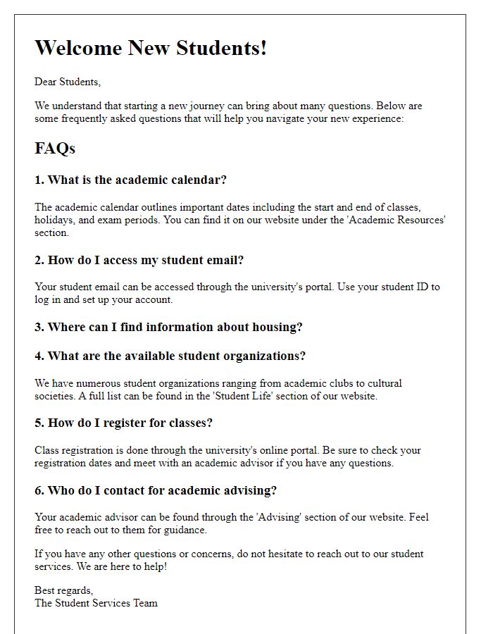 Letter template of frequently asked questions for new students