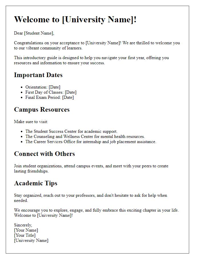 Letter template of introductory guide for new first-year students