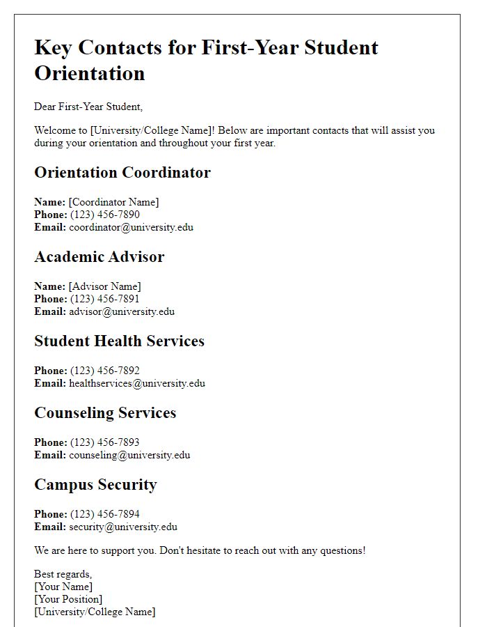 Letter template of key contacts for first-year student orientation