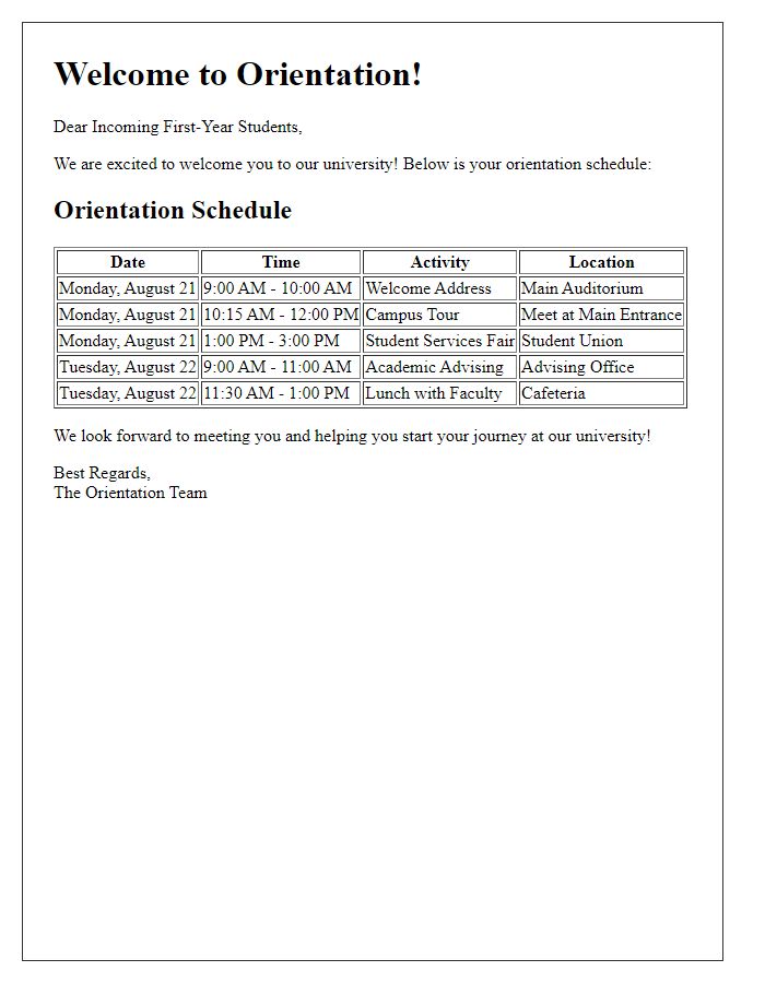 Letter template of orientation schedule for incoming first-year students