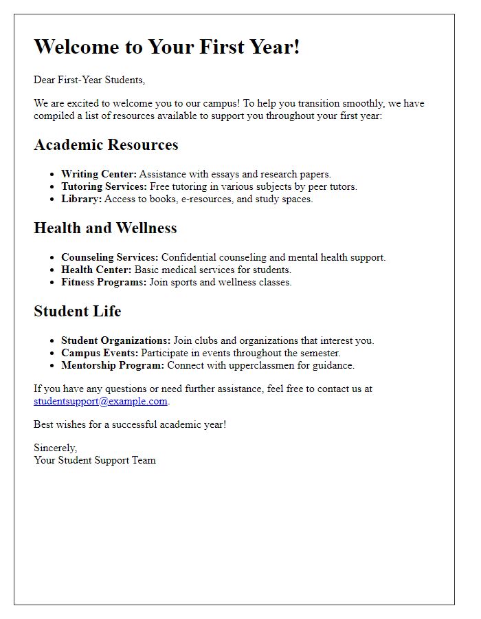 Letter template of resources available for first-year students