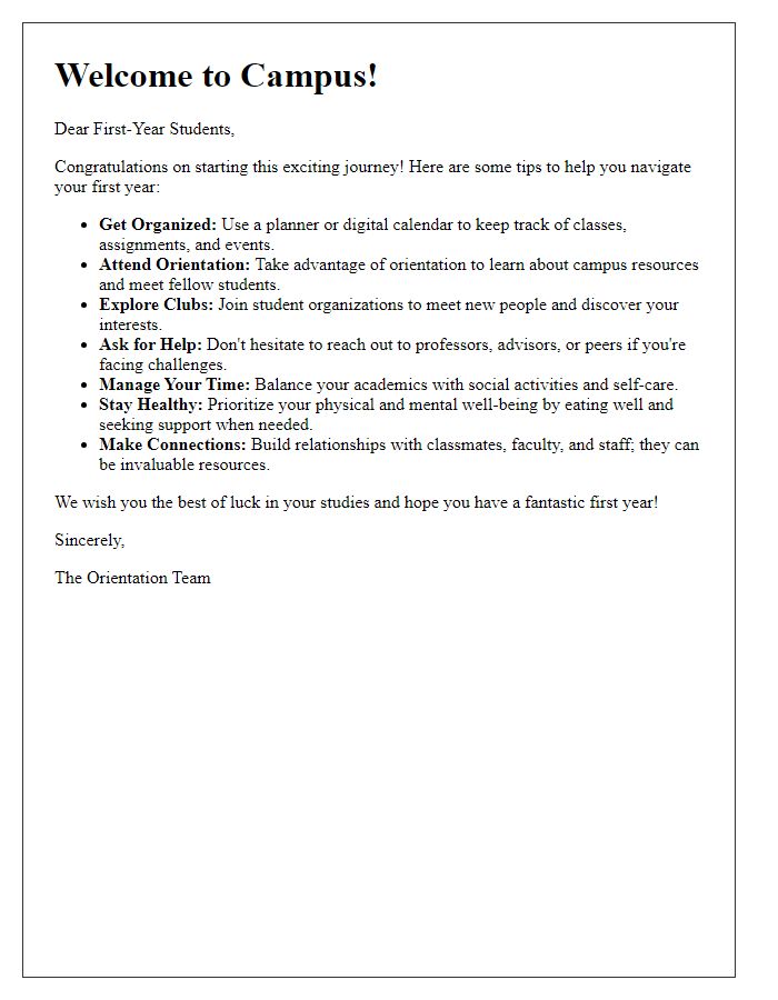 Letter template of tips for first-year students during orientation